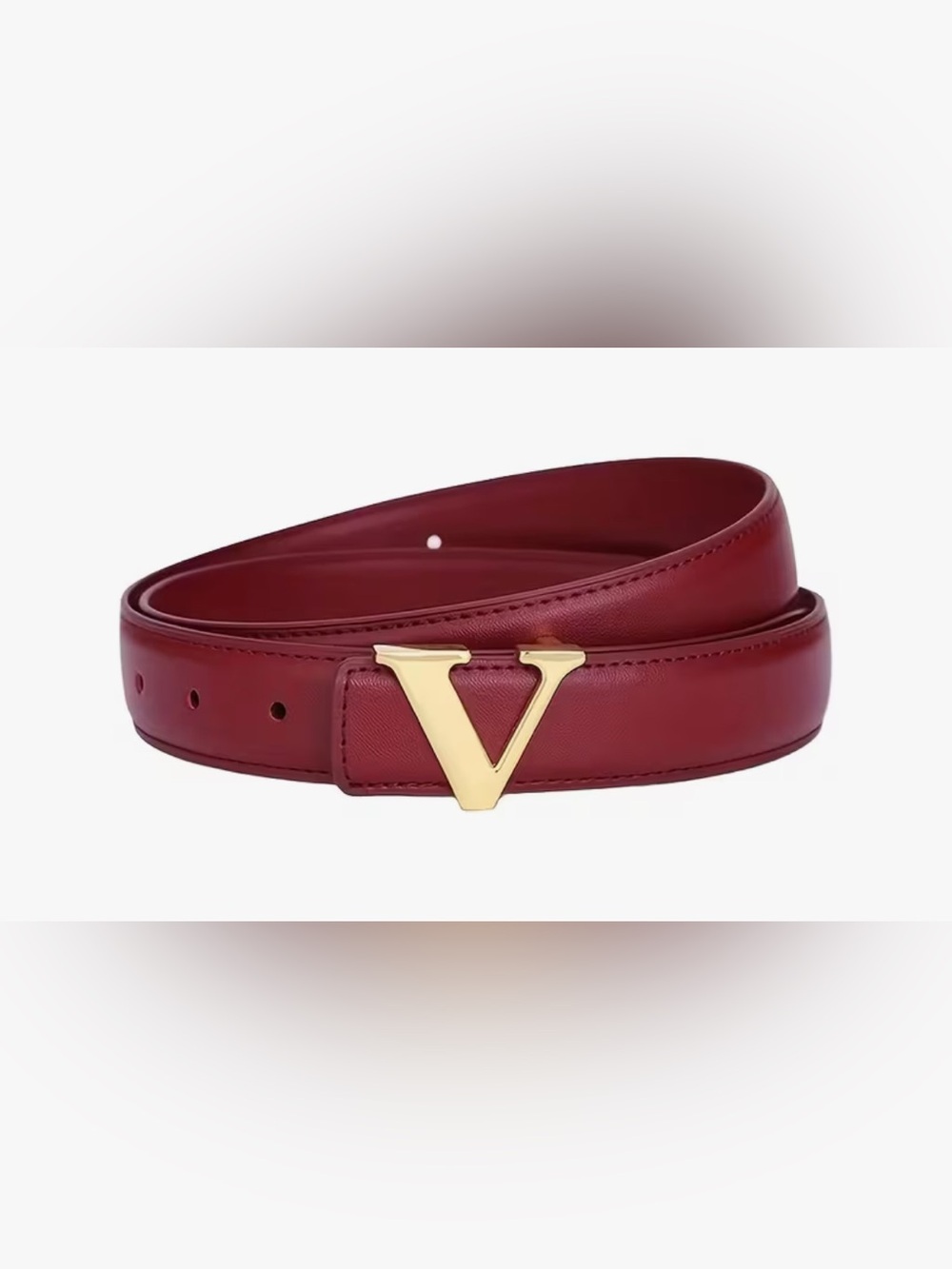 Classic Style Women's Red Leather Belt with Gold V Buckle